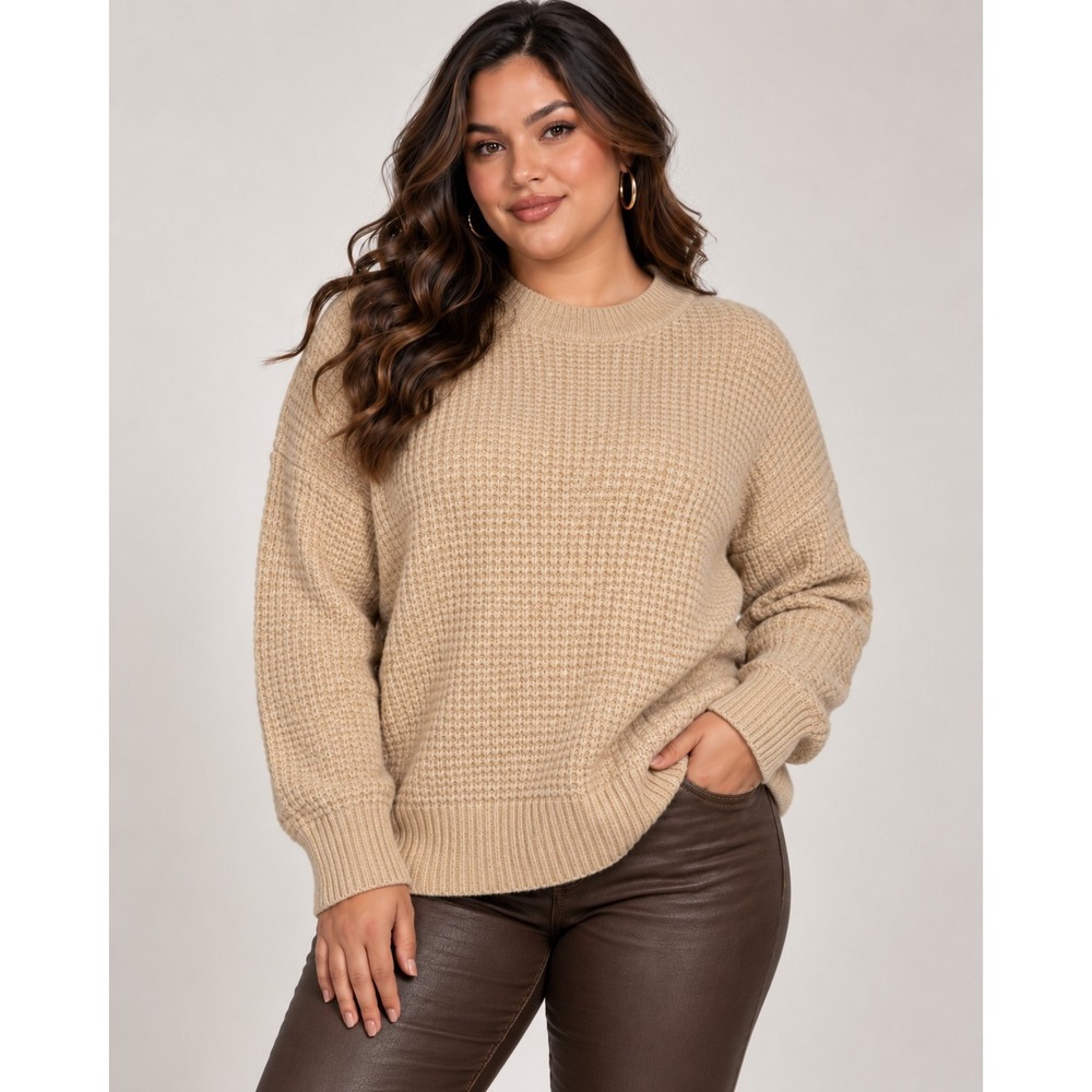 LL Bean Womens 2X Plus Waffle Knit Sweater Side Zip Camel Tan Cotton 524375